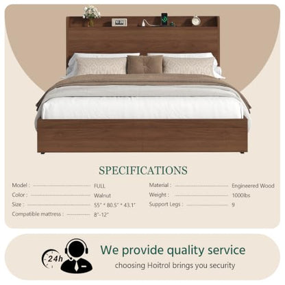 Full Size Bed Frame with Storage Headboard & 2 Drawers, Mid-Century Modern Platform Bed with Charging Station & Shelf, Wooden Slat Support, No Box Spring Needed(Full) - size: Full