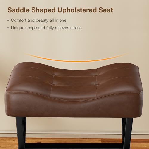 18-Inch Large Leather Vanity Stool Chair, Dark Brown Makeup Stool | Vanity Bench, Metal X-Leg, 350 LBS, 20"x16.9"x18", Ottoman Accent Stool, Thick Padded Saddle Seat, For Living Room Bedroom - size: Large, style: Dark Brown Leather