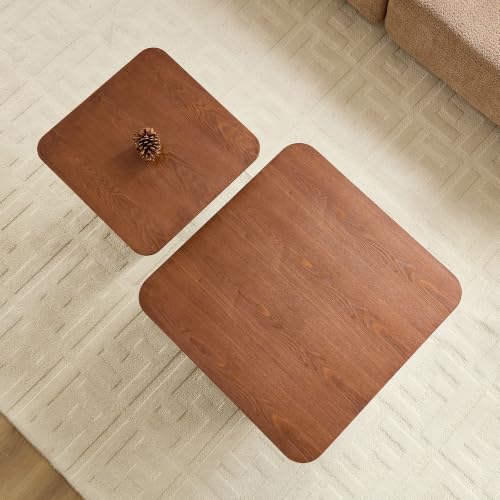 Nesting Coffee Table Set of 2 with Wavy Fluted Base, Brown | 31.5" & 21.65", 2PCS Center Tables, Square Tea Table, Easy to Assemble, Mid-Century Modern, for Living Room Office - color: 31.5" & 21.65" - Brown