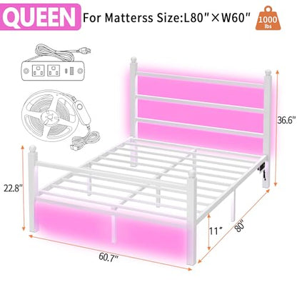 CLIBFENG Queen Size Bed Frame with Headboard and Footboard,Steel Slats Support-LED Bed Frame with USB Charging Station,Mattress Foundation-Under Bed Storage,No Box Spring Needed,Noise Free,White - size: Queen, style: White