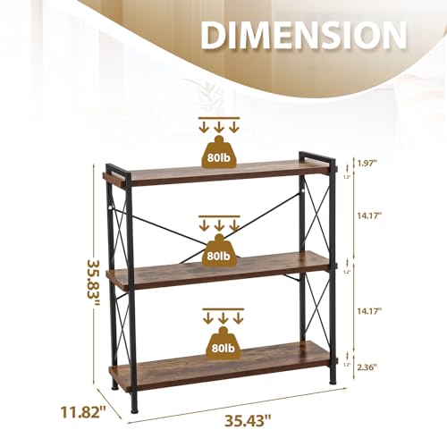 3 Tier Bookshelf, Open 3 Shelf Short Bookcase, Rustic Shelves with Metal Frame, Industrial Book Shelf for Bedroom Home Office Living Room, Rustic Brown
