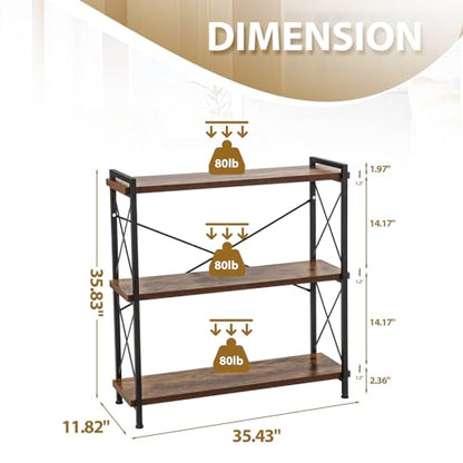 3 Tier Bookshelf, Open 3 Shelf Short Bookcase, Rustic Shelves with Metal Frame, Industrial Book Shelf for Bedroom Home Office Living Room, Rustic Brown