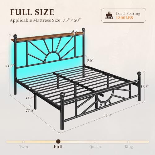 Homkdom Full Metal Bed Frame with Victorian Headboard & Storage Shelf | Under-Bed Storage for Teens Room & Apartments, Slip Resistant, LED lights, No Box Spring Needed, 1300lbs stability, Black - color: Black, size: Full