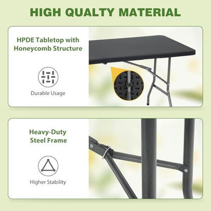 6FT Folding Table, Heavy Duty Plastic Table Portable Fold-in-Half Utility Table Indoor Outdoor Picnic Table w/Handle & Lock for Camping BBQ Party Wedding Market Events, Black - size: 6FT-Black