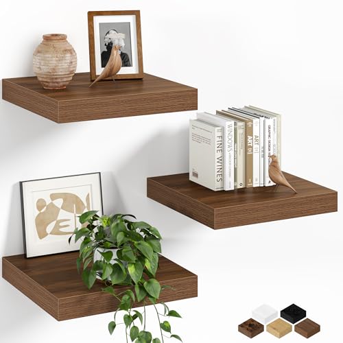 Fun Memories Floating Shelves for Wall, 12 Inch Set of 3 Rustic Wood Wall Shelves with Invisible Brackets, Heavy Duty Storage Display for Bathroom Bedroom Living Room Kitchen, Walnut - color: Walnut Brown, size: 12"W x 12"D, Set of 3