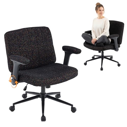 VINGLI Criss Cross Chair with Adjustable Flip-Up Arms,Cross Legged Chair with Wheels,Extra Wide Office Chair,Desk Chair for Home Office,Vanity,Bedroom, Apartment,Starry Chenille,Black - color: Black