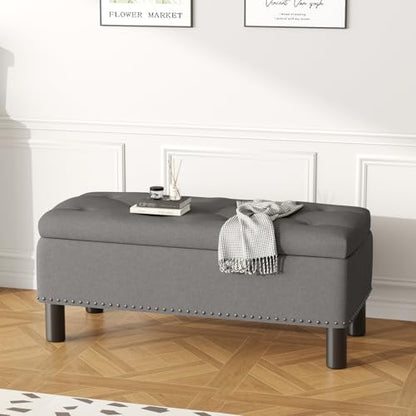 Storage Bench, Upholstered Linen Ottoman Bench with Button-Tufted, Folding Bedroom Bench with Wood Legs, Entryway Bench for Bedroom, Grey - color: Grey