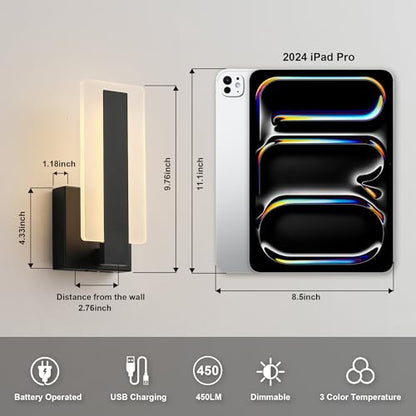 KARTOOSH Battery Operated Modern Wall Sconce Set of Two, Black | Rechargeable Wireless Wall Light with Remote Control, Dimmable 3 CCT, Timer, Night Mode, for Hallway, Bedroom, Living Room - color: Black