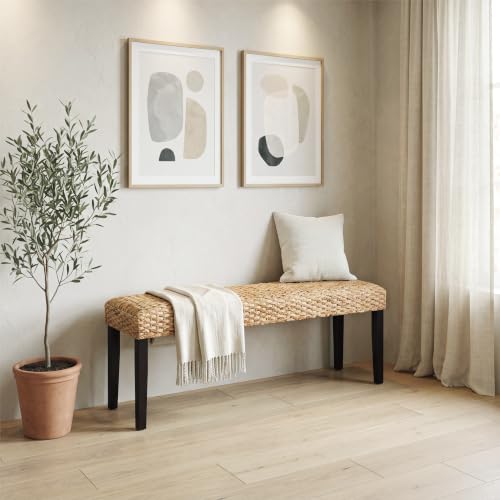 Solid Wood Acacia Indoor Bench, Water Hyacinth Seat, Black Leg, Plait Style | Natural Woven Seat, Boho Entryway, Farmhouse Modern Style, Multi-Room Use - color: Plait - Black Leg & Water Hyacinth