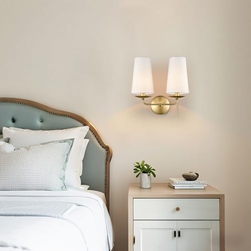 Moose Modern Gold 2-Light Wall Sconces Hardwired Brass Double Sconce with Fabric Shade for Bedroom, Fireplace, Staircase, Bathroom, Hallway - color: Gold, size: 1-Pack | 2-Light