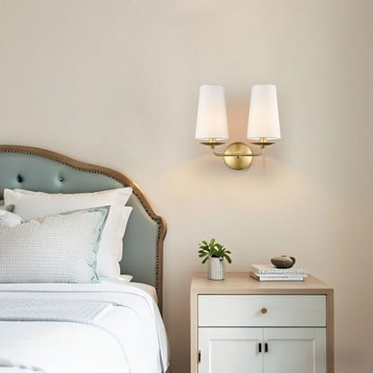 Moose Modern Gold 2-Light Wall Sconces Hardwired Brass Double Sconce with Fabric Shade for Bedroom, Fireplace, Staircase, Bathroom, Hallway - color: Gold, size: 1-Pack | 2-Light