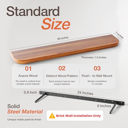 BATODA 36" Acacia Wood Floating Shelves Wall Mounted (Round Edge) – Rustic Farmhouse Wooden Wall Storage Shelf for Bedroom, Kitchen - Brackets and Shelving Hardware Included (Acacia,36 Inch Length) | Acacia Wood, Floating Effect, Hidden Brackets, Easy Ass