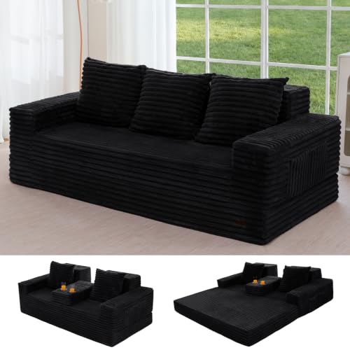 MAXYOYO Sofa Bed, 80-Inch Oversized Boneless Loveseat, 2 Cup Holders | Striped Black 4-in-1 Boneless Couch Converts Into a Floor Sofa or Chair; Sofa-in-a-Box Design Requires No Assembly. - color: Striped Black, size: Oversized(80" Length)