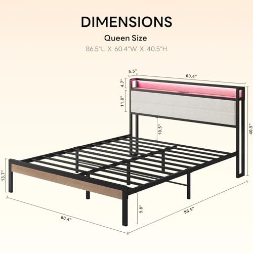 LIKIMIO Queen Bed Frame with Headboard, LED Lights and Charging Station - color: Natural and Cream, size: Queen