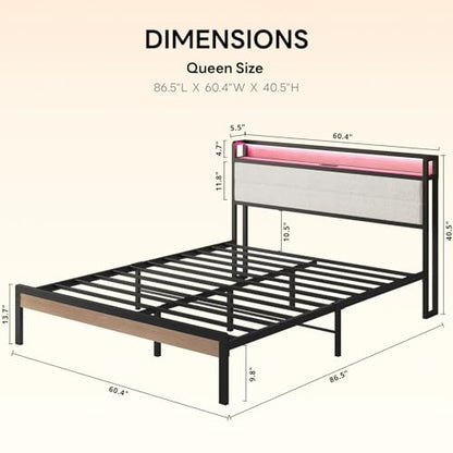 LIKIMIO Queen Bed Frame with Headboard, LED Lights and Charging Station - color: Natural and Cream, size: Queen