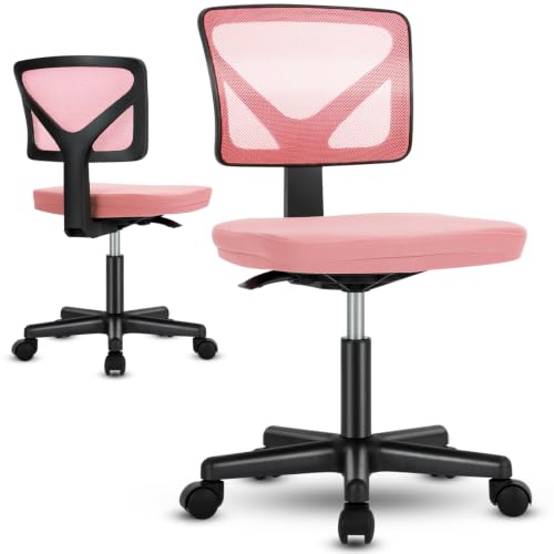 Sweetcrispy Small Armless Desk Chair, Mesh Rolling Office Chairs | Adjustable Ergonomic Lumbar Support, Low-Back, Swivel Wheels, Home Work, Bedroom, Study, Student, Adults, Classic Pink - color: Classic Pink