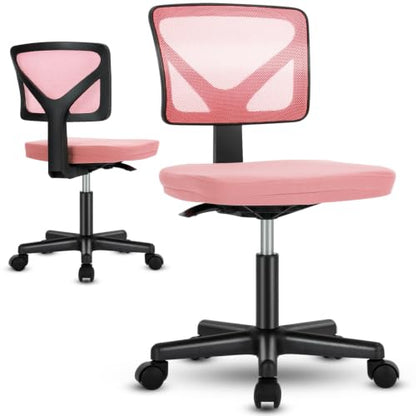 Sweetcrispy Small Armless Desk Chair, Mesh Rolling Office Chairs | Adjustable Ergonomic Lumbar Support, Low-Back, Swivel Wheels, Home Work, Bedroom, Study, Student, Adults, Classic Pink - color: Classic Pink