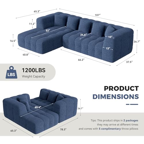 107" Modern Boneless Couch with L - Shaped Chaise, Comfy Chenille Modular Sectional Sofa with Tufted Design, Deep Seat Upholstered Sofa Bed, No - Assembly Sectional Couch, Blue - color: Blue