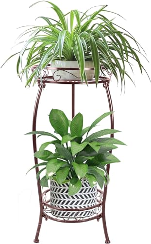 MOCORY Plant Stand Indoor Outdoor 2 Tier 27" Tall Metal Potted Holder Rack Flower Pot Stand Heavy Duty Plant Shelf Rustproof Iron Multiple Plant Round Supports Rack for Planter Corner Garden Balcony | Sturdy Rustproof Plant Shelf with Stable 3-Leg Base, H