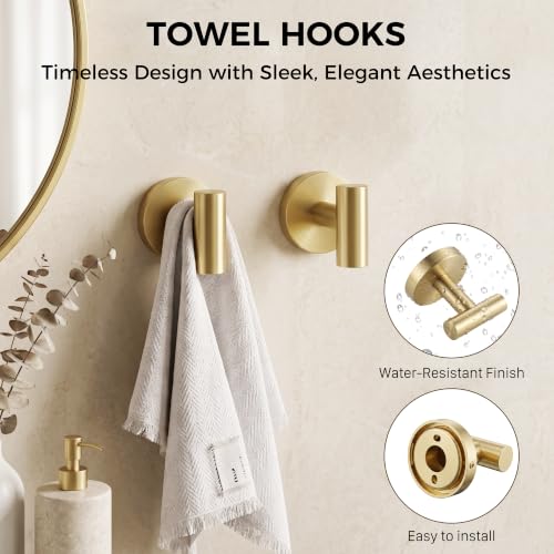 5 Piece 23.6 Inch Brushed Gold Bathroom Hardware Accessories Set | Stainless Steel Bath Extended Towel Bar, Toilet Paper Holder with Shelf, Round Towel Ring Wall Mounted, Towel Hooks