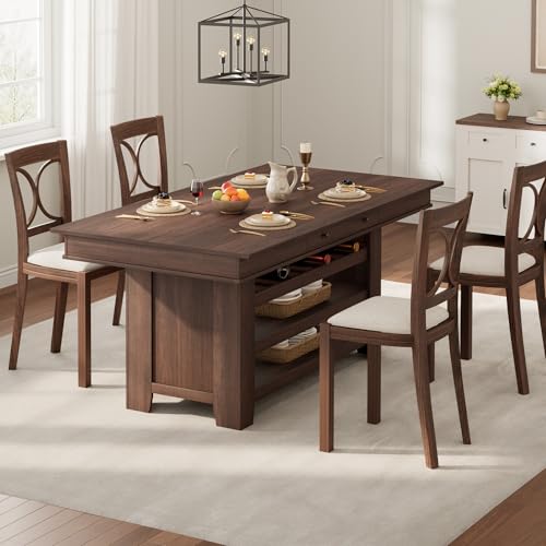 Farmhouse Dining Counter Height Table with Wine Rack & 3 Shelves, 36" Wooden Tall Dining Table with 2 Drawers, Thick Frame Counter Height Kitchen Table for Bar & Entertaining, Retro Brown - color: Retro Brown