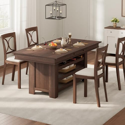 Farmhouse Dining Counter Height Table with Wine Rack & 3 Shelves, 36" Wooden Tall Dining Table with 2 Drawers, Thick Frame Counter Height Kitchen Table for Bar & Entertaining, Retro Brown - color: Retro Brown