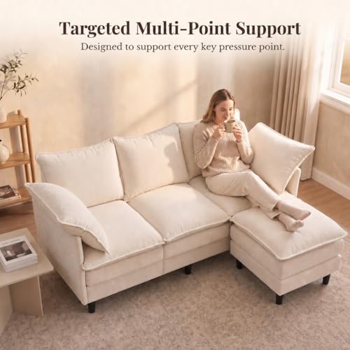 Convertible Sectional Sofa, 69" Small Cloud L-Shaped 3-Seat Couch with Movable Ottoman & Curved Armrest, Modern Chenille Fabric for Living Room, Apartment and Small Space, Beige - color: Beige, size: 3-Seat with Ottoman