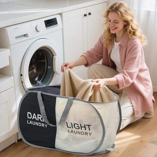 Seefoo Dual Compartment Laundry Hamper with Handles, Collapsible Laundry Baskets 2-Section, Dark/Light Labeled Storage Foldable Clothes Hamper for Laundry, Portable for Small Spaces, Apartment, Dorm