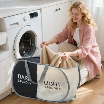 Seefoo Dual Compartment Laundry Hamper with Handles, Collapsible Laundry Baskets 2-Section, Dark/Light Labeled Storage Foldable Clothes Hamper for Laundry, Portable for Small Spaces, Apartment, Dorm