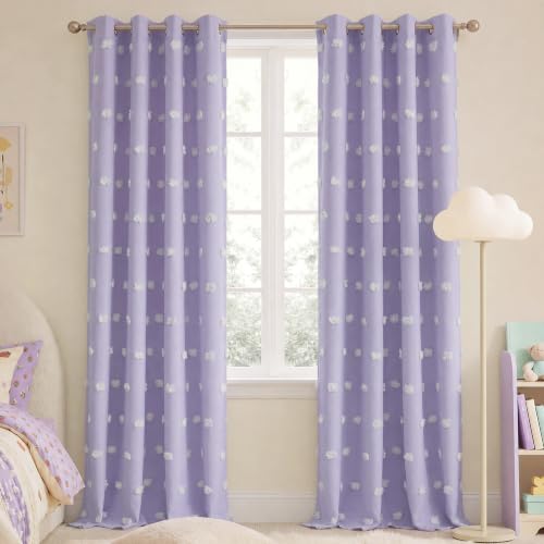 NICETOWN Lavender Purple Pom Pom Curtains, Room Darkening Double Layer Sheer Drapes for Girls Bedroom, Thermal Insulated Window Treatments, W52 x L96, 2 Panels - color: Lavender Purple, size: 52"W x 96"L (Pack of 2)