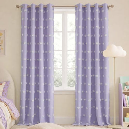 NICETOWN Lavender Purple Pom Pom Curtains, Room Darkening Double Layer Sheer Drapes for Girls Bedroom, Thermal Insulated Window Treatments, W52 x L96, 2 Panels - color: Lavender Purple, size: 52"W x 96"L (Pack of 2)