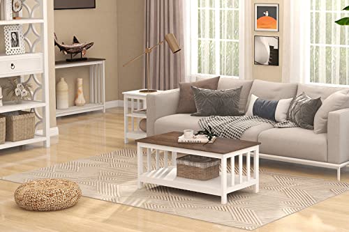 ChooChoo Farmhouse Coffee Table, White Living Room Table with Shelf, 40 Inch - color: White, size: 22"D x 39.9"W x 18.1"H