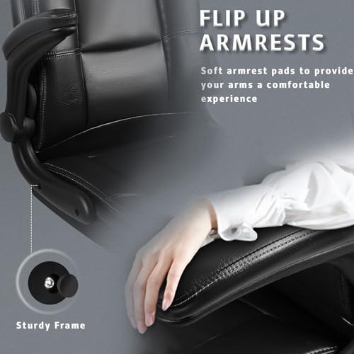 Flip-up Arms Office Desk Chair Big and Tall Managerial Executive Chair, High Back Computer Chair Ergonomic Adjustable Height PU Leather Chairs with Armrest for Long Time Sitting - color: New Black