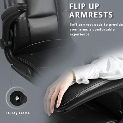Flip-up Arms Office Desk Chair Big and Tall Managerial Executive Chair, High Back Computer Chair Ergonomic Adjustable Height PU Leather Chairs with Armrest for Long Time Sitting - color: New Black
