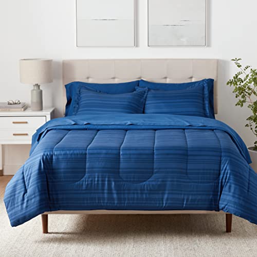 Amazon Basics Full/Queen Comforter Set with Sheets, 7-Piece Blue Calvin Striped Bedding, Lightweight Microfiber Bed-in-a-Bag - color: Blue Calvin Striped, size: Full/Queen, style: 1-Pack