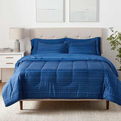 Amazon Basics Full/Queen Comforter Set with Sheets, 7-Piece Blue Calvin Striped Bedding, Lightweight Microfiber Bed-in-a-Bag - color: Blue Calvin Striped, size: Full/Queen, style: 1-Pack