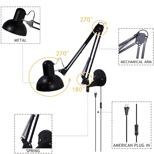 Black Industrial Swing Arm Wall Light Nordic Adjustable Long Arm Wall Sconces Lamp Metal Double-arms Folding Architect Work Wall Mount Lighting for Bedroom Reading Living Room