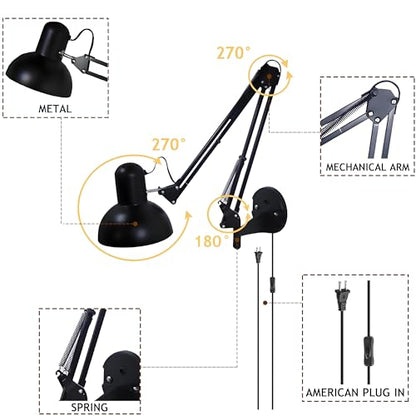 Black Industrial Swing Arm Wall Light Nordic Adjustable Long Arm Wall Sconces Lamp Metal Double-arms Folding Architect Work Wall Mount Lighting for Bedroom Reading Living Room