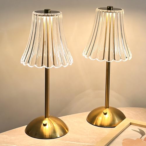 Gold Rechargeable Table Lamp [2 Pack], Cordless Touch LED Bedside Lamp with 3 Color Modes, USB Dimmable