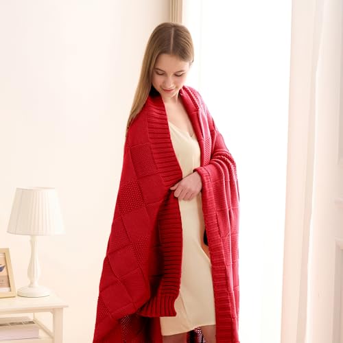 CozeCube Christmas Red Knitted Checkered Throw Blanket 50"X60" | Check Knit Throw for Couch, Decorative Christmas Soft Cozy Warm Blanket for Bed Sofa Living Room - color: Christmas Red, size: 50"X60"