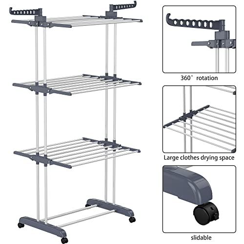 HOMIDEC Clothes Drying Rack, 4-Tier(67.7" H) Foldable Drying Rack Clothing | Foldable Stainless Steel Drying Rack, Movable Laundry Drying Rack with 4 Castors and 14 Hooks for Bed Linen, Clothing, Grey - color: Gray