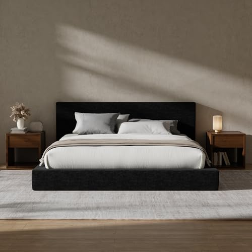 RECCI AirFrame Queen Upholstered Bed Frame with Plush Padded Headboard | Plush Padded Headboard, 360° Soft Foam Surround, Low Profile Cloud Bed Frame, No Box Spring Required, Easy Assembly - color: Onyx Black, size: Queen