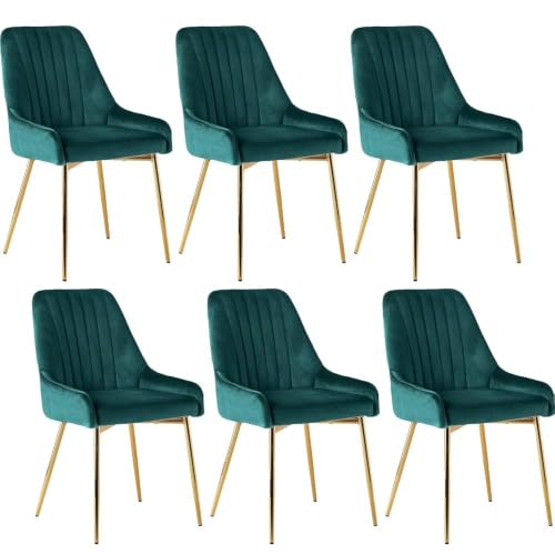 Green Velvet Dining Chairs Set of 6, Modern Kitchen and Vanity Chairs | Modern upholstered vanity chairs with gold metal legs, stain-resistant hand-quilted fabric, high-density foam cushion seat - color: Green, size: Set of 6