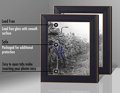 Americanflat 5x7 Picture Frame with Polished, Crystal Clear Glass - Set of 2 - Picture Frames for Tabletop and Wall Display - Black with Gold Trim | Wall or tabletop display with included easel, triangle hangers included, secure turn-tab backing, gold tri