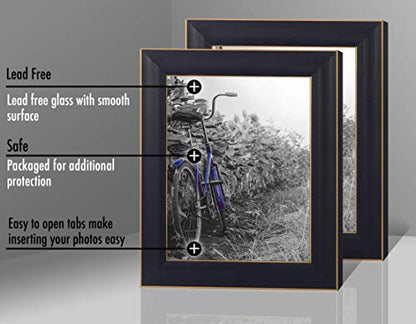 Americanflat 5x7 Picture Frame with Polished, Crystal Clear Glass - Set of 2 - Picture Frames for Tabletop and Wall Display - Black with Gold Trim | Wall or tabletop display with included easel, triangle hangers included, secure turn-tab backing, gold tri