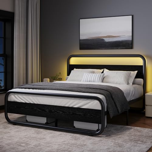 Full Size Bed Frame, Wood Headboard and Footboard, LED Lights, Black | Metal Platform with Heavy Duty Metal Slats Support/12 in Under-Bed Storage/Noise-Free/No Box Spring Needed/Easy Assembly - color: Black, size: Full