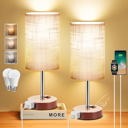 ZJOJO Bedside Table Lamp Set of 2,14.5" Small Lamp for Bedroom Nightstand | AC Outlet,3 Dimmable,Rocker Switch,Gray Fabric Lampshade,Brown Base,Nightstand Desk Lamp for Living Room Home Decor Lights - color: Gray Fabric Shade Brown Base, size: 14.5inch