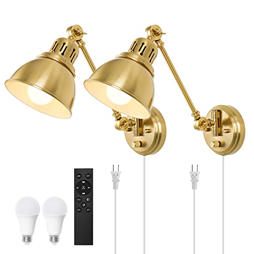 GOODATE Plug in Wall Sconces Set of Two with Remote, Stepless Colors 2700K-6500K & Stepless Dimming, Premium Golden Finish, Plug in Wall Light with Night Light & Timer, LED Bulbs Included - size: Gold-2 PACK(Bulbs+Remote)