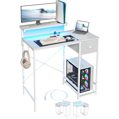 X-cosrack 33.5" Small Computer Desk with Monitor Stand & Outlets, Small Gaming Desk with LED Light & CPU Stand, Teen Study Writing Table with Storage Drawer, Side Hooks for Bedroom, Home Office White - color: White, size: 33.5"