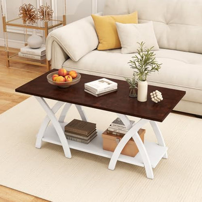 Giantex Farmhouse Coffee Table, 2-Tier Wood Center Table with Storage Shelf & X-Shaped Support Legs, 40 Inch Rectangular Living Room Table with Open Display Area for Small Space (Walnut&White) - color: Walnut & White